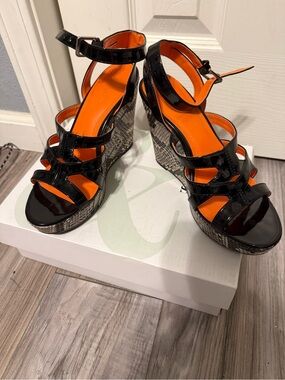 Calvin Klein Black Patent Strappy Wedges with Orange Insole
